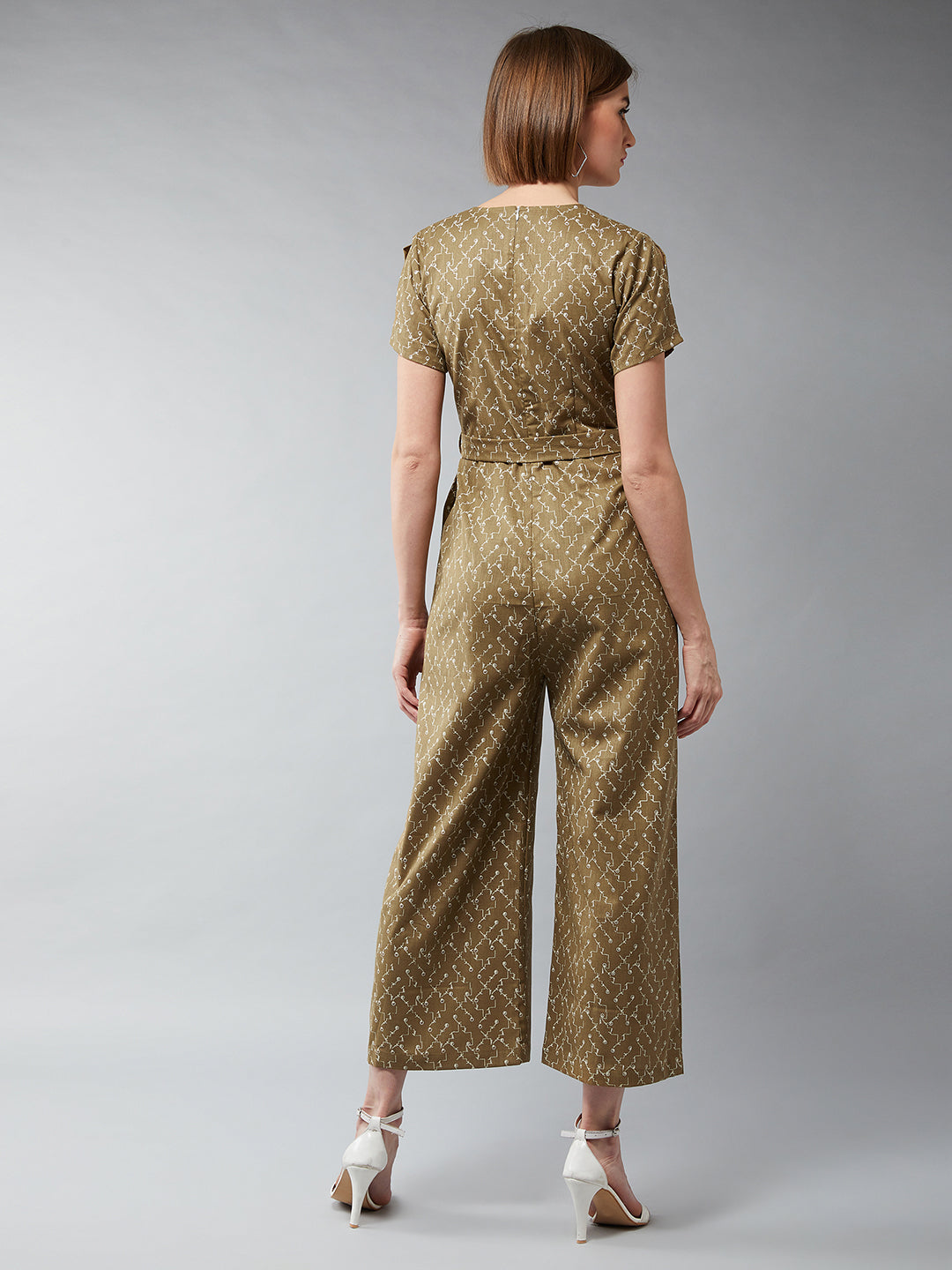 Women's Multicolor-Base Olive Geen V-Neck Half Sleeves Abstract Wide Leg Jumpsuit