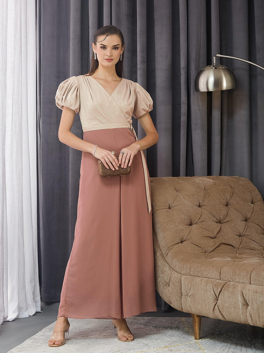 Women's Dusty Peach V-Neck Half Sleeve Embellished Wrap Regular  Jumpsuit