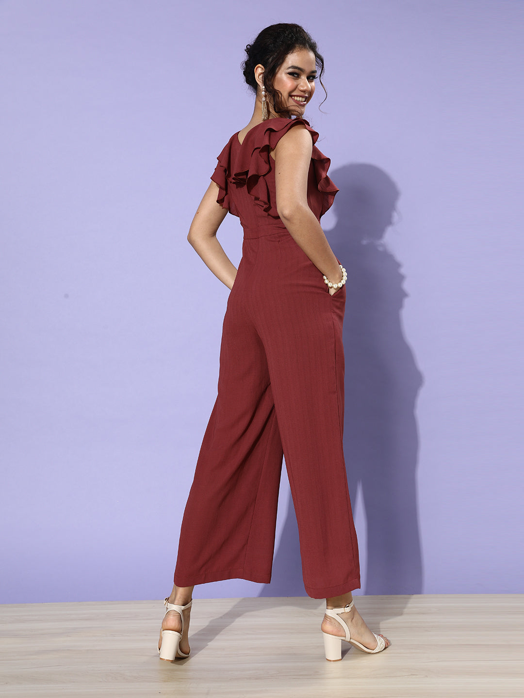 Women's Light Burgundy V-Neck Sleeveless Solid Ruffled Regular Jumpsuit