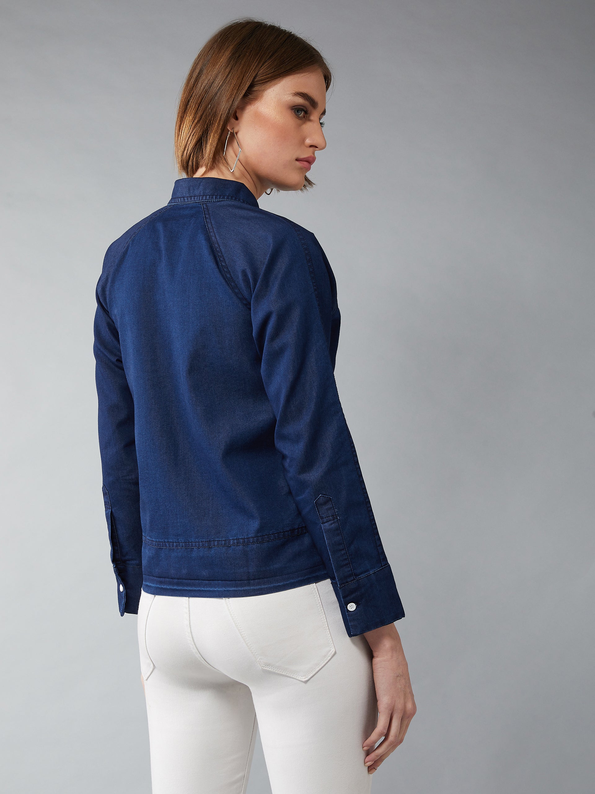 Women's Navy Polo Neck Full Sleeves Flap Detailing Denim Solid Regular Length Bomber Jacket