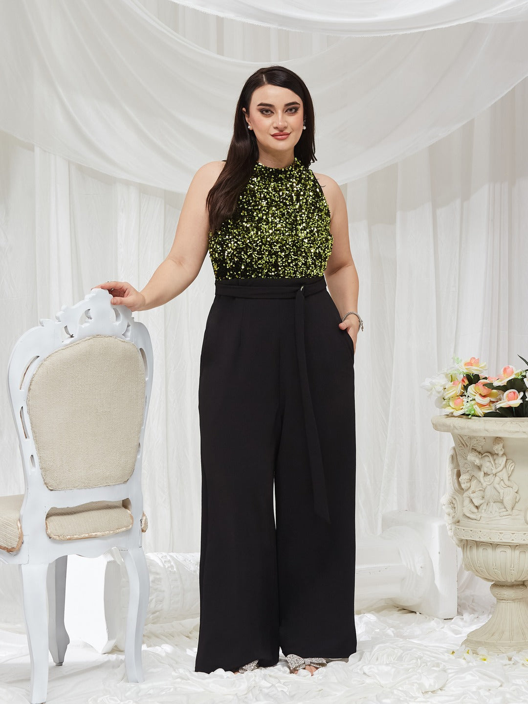 Black And Green Halter Neck Sleeveless Embellished Regular-Length Jumpsuit for Women — Miss Chase A+