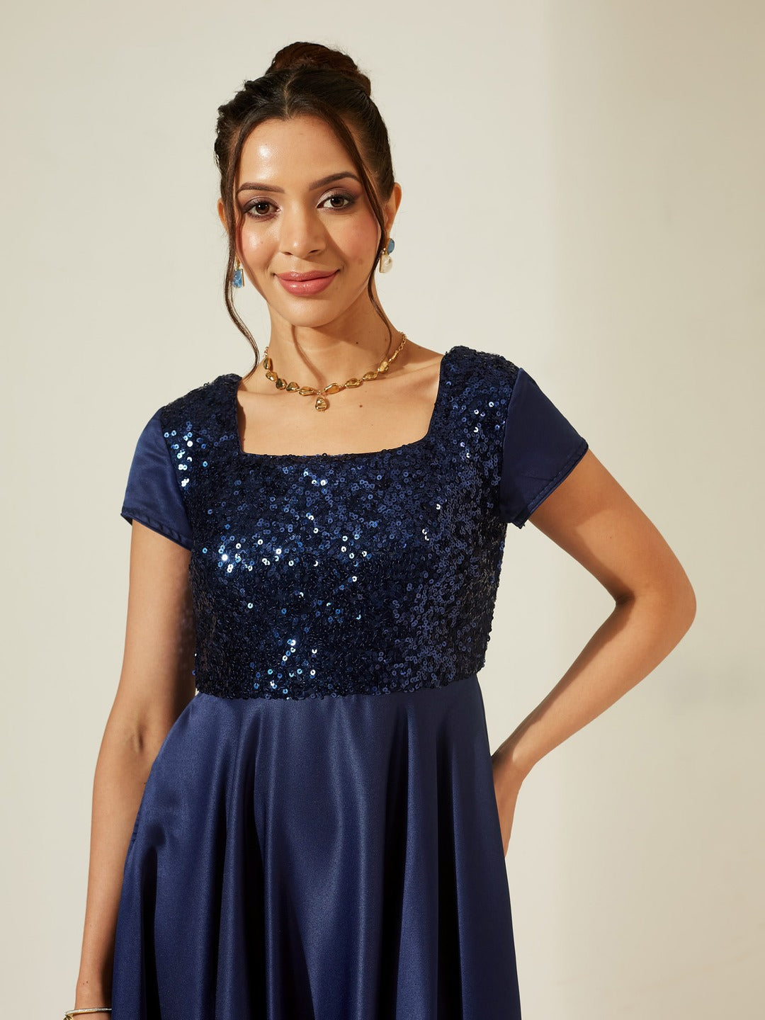 Navy Blue Square Neck Short Sleeve Embellished Polyester Fit & Flare Maxi Dress for Women