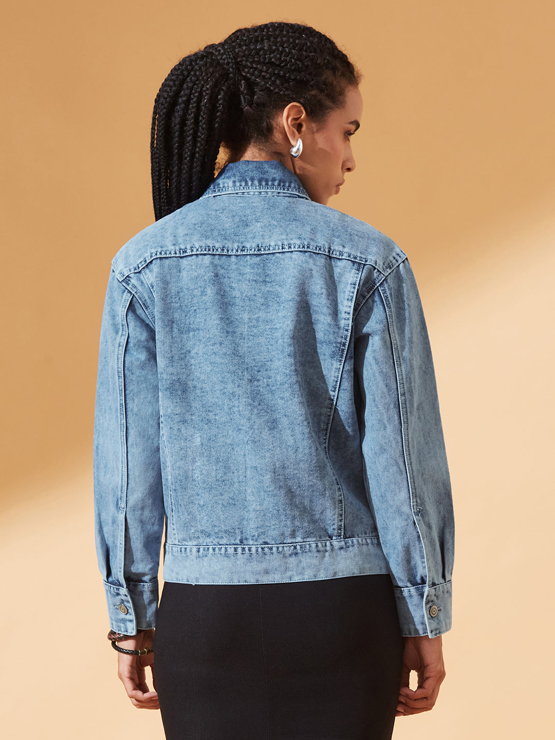 Light-Blue Collared Full Sleeve Solid Classic Denim Jacket for Women