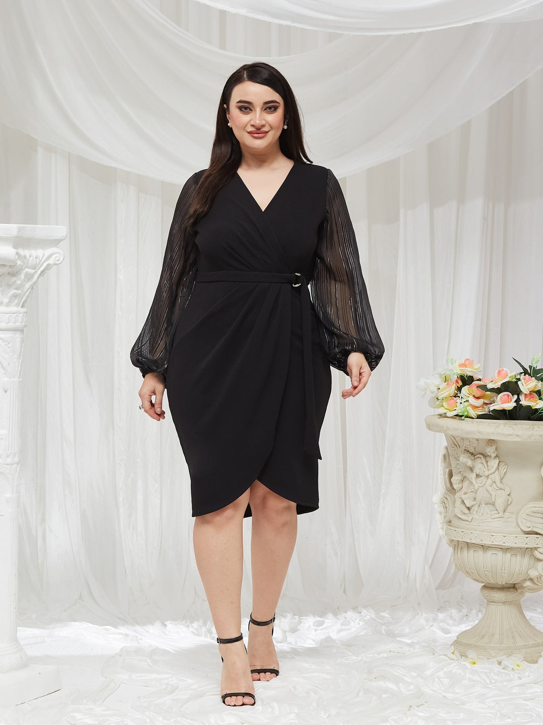 Black Solid V Neck Bishop Sleeves Front Pocketed Polyester Wrap Knee-Length Dress for Women — Miss Chase A+
