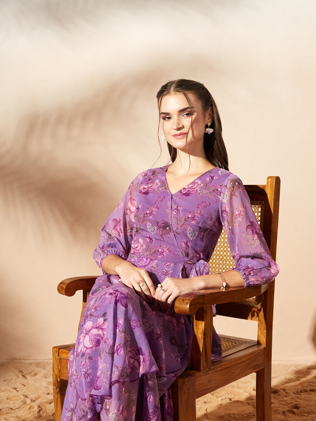 Women’s Multicolored Lavender Floral V-Neck 3/4 Sleeve Wrap Chiffon Midi Dress for Women