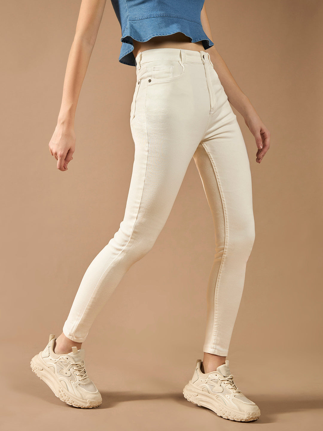 Women's White Skinny Mid-Rise Clean-Look Bleached Regular-Length Stretchable Denim Jeans