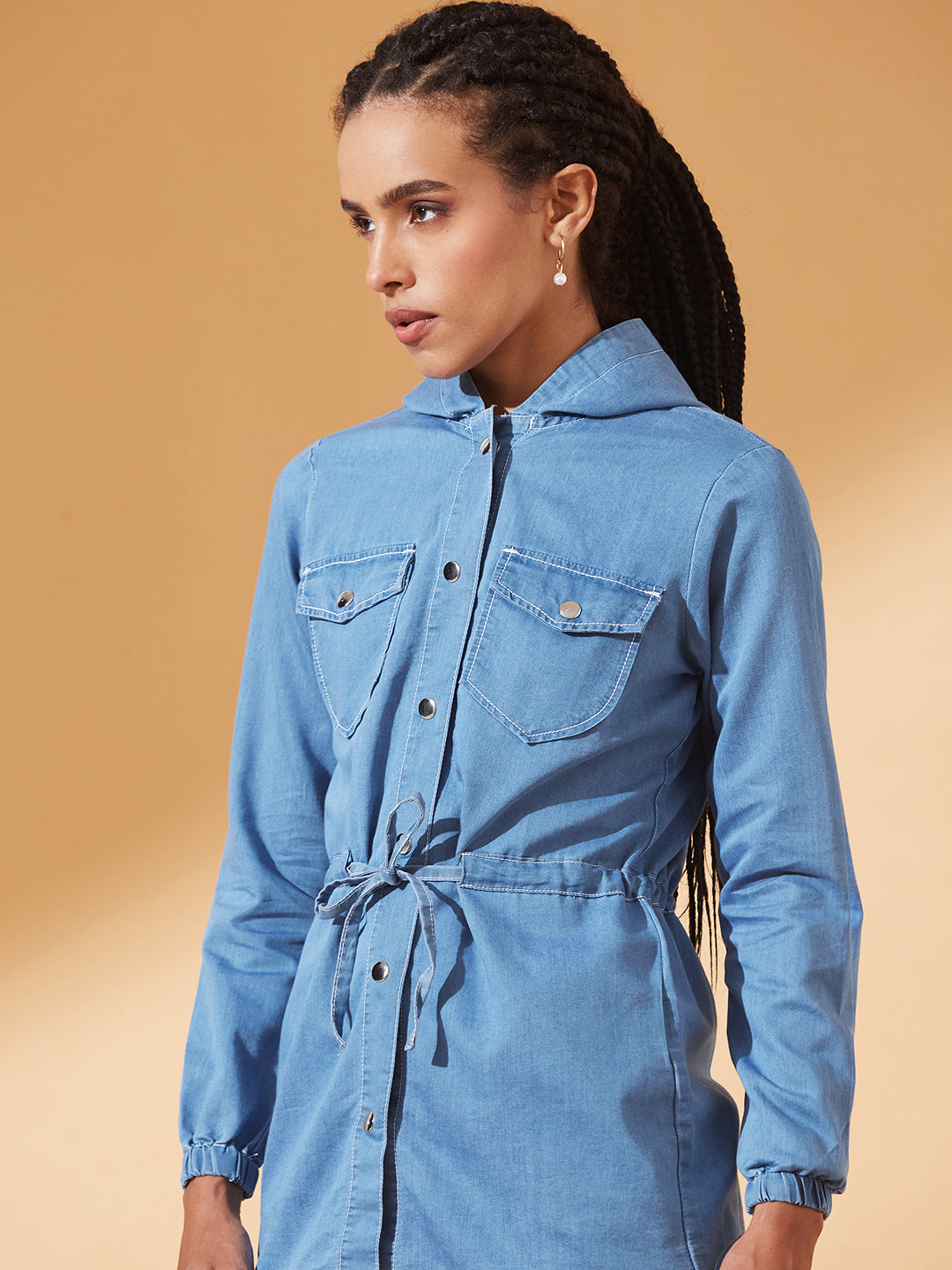 Light-Blue Round Neck Full Sleeve Solid Long hoodie with tie-up Regular Jacket for Women