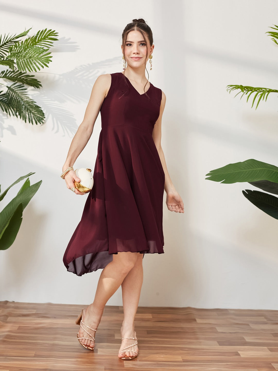 Wine Red V-Neck Sleeveless Solid High-Low Midi Skater Dress for Women
