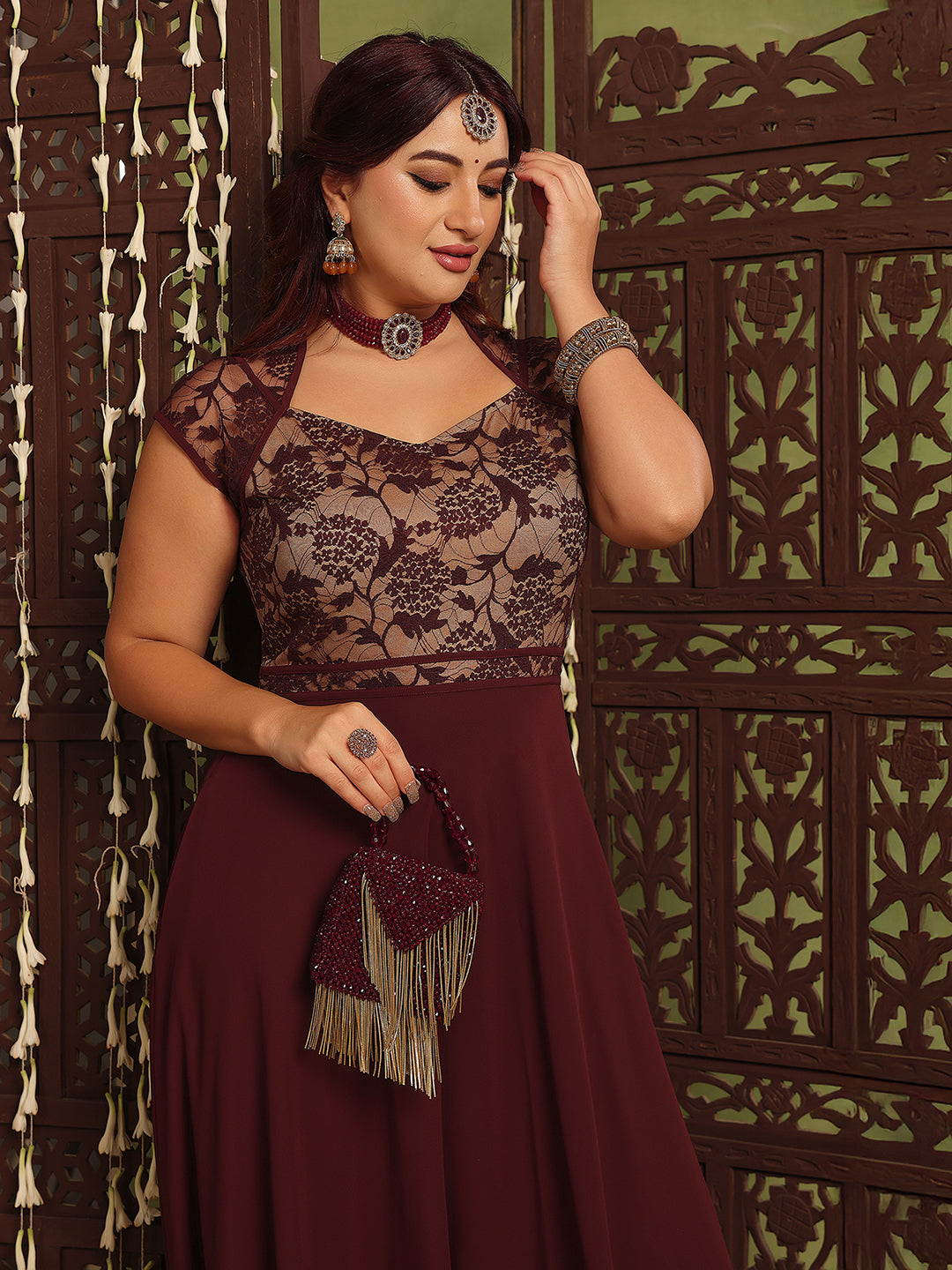 Women's Wine & Beige Floral V-Neck Cap-Sleeves Lace-Overlaid Fit & Flare Paneled Maxi Dress