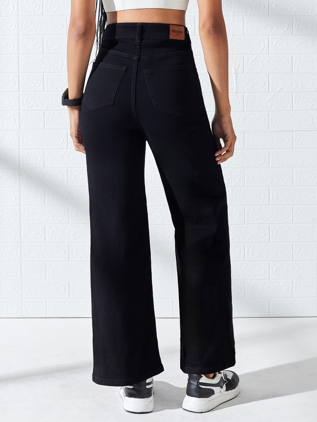 Hand-Painted Black Wide Leg High-Rise Thermal Hand-Scan Stretchable Denim Jeans For Women