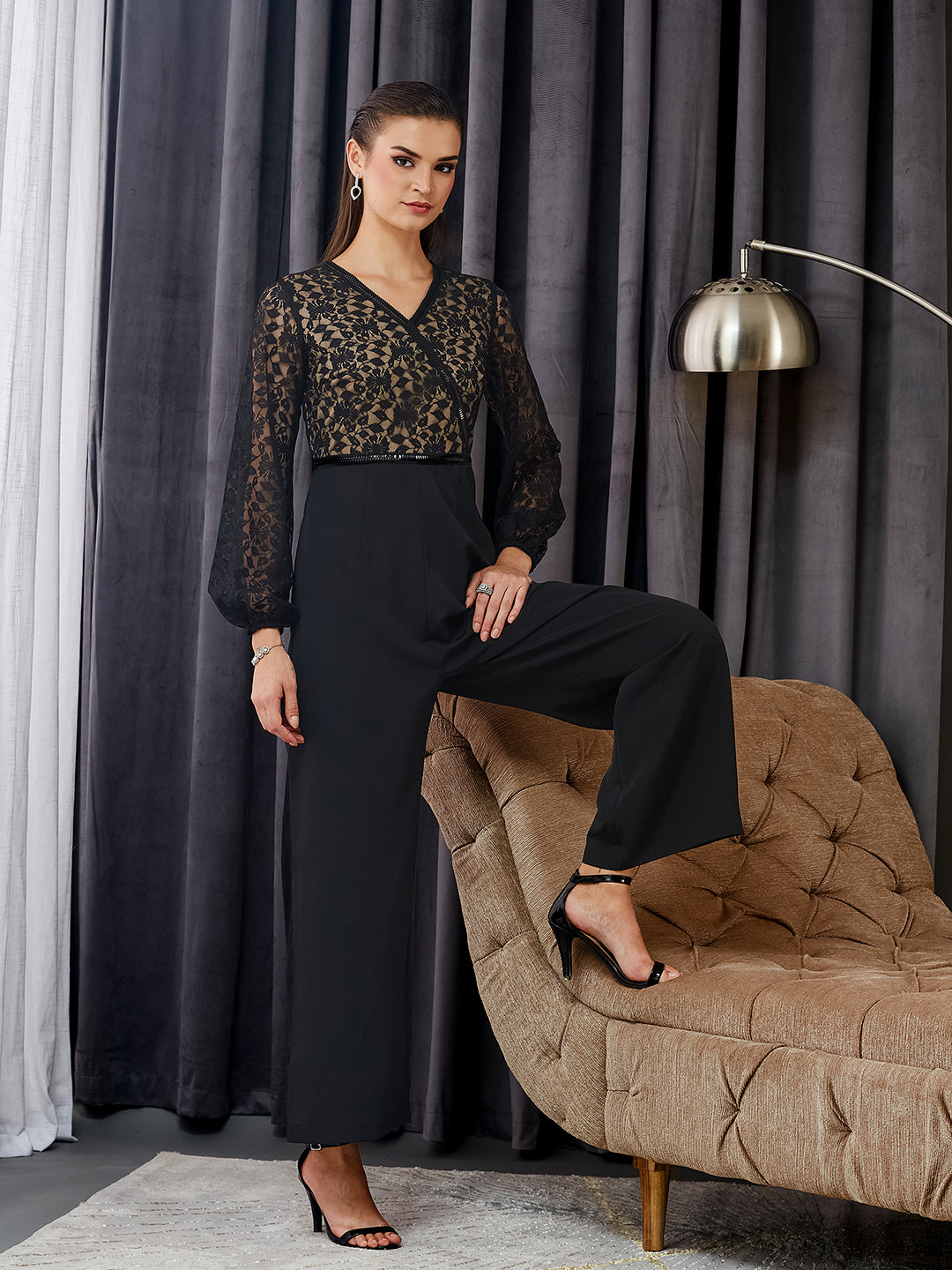 Black Self-Design Crepe V-Neck Jumpsuit with Balloon Sleeves and Lace Detailing for Women