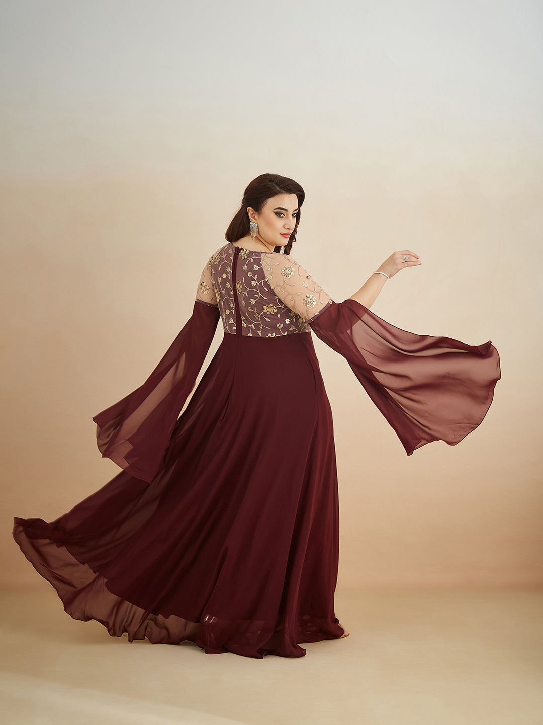 Wine V-Neck Flared Long sleeve Embroidered Fit & Flare Maxi Dress for Women
