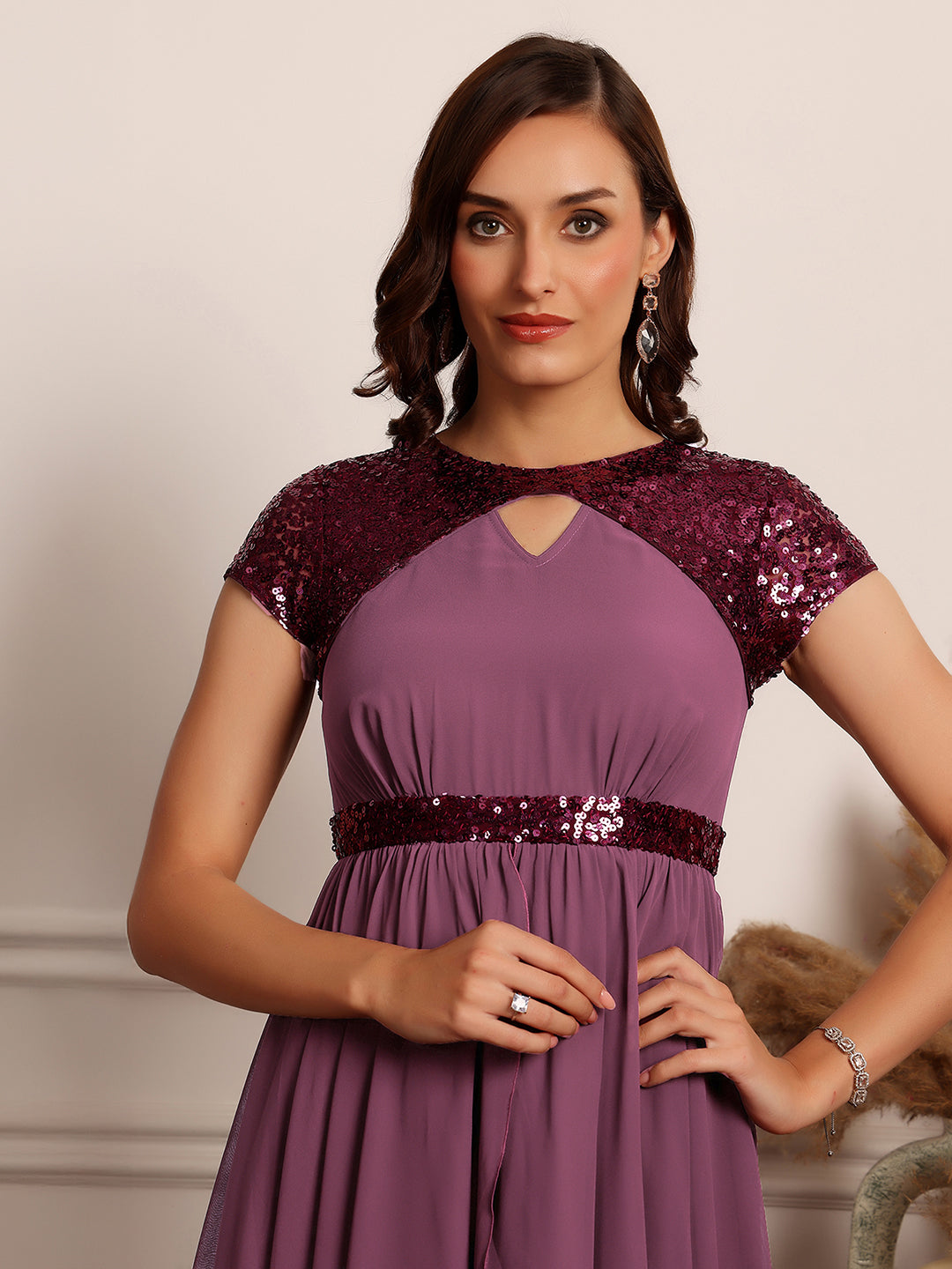 Women's Mauve Keyhole Short Sleeve Embellished Layered Georgette Maxi Dress
