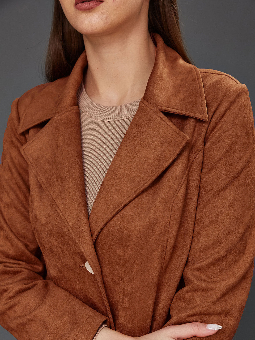 Brown Solid V-Neck Full Sleeves Patched Pocketed Polyester Button Down Longline Winter Wear Jacket for Women — Miss Chase