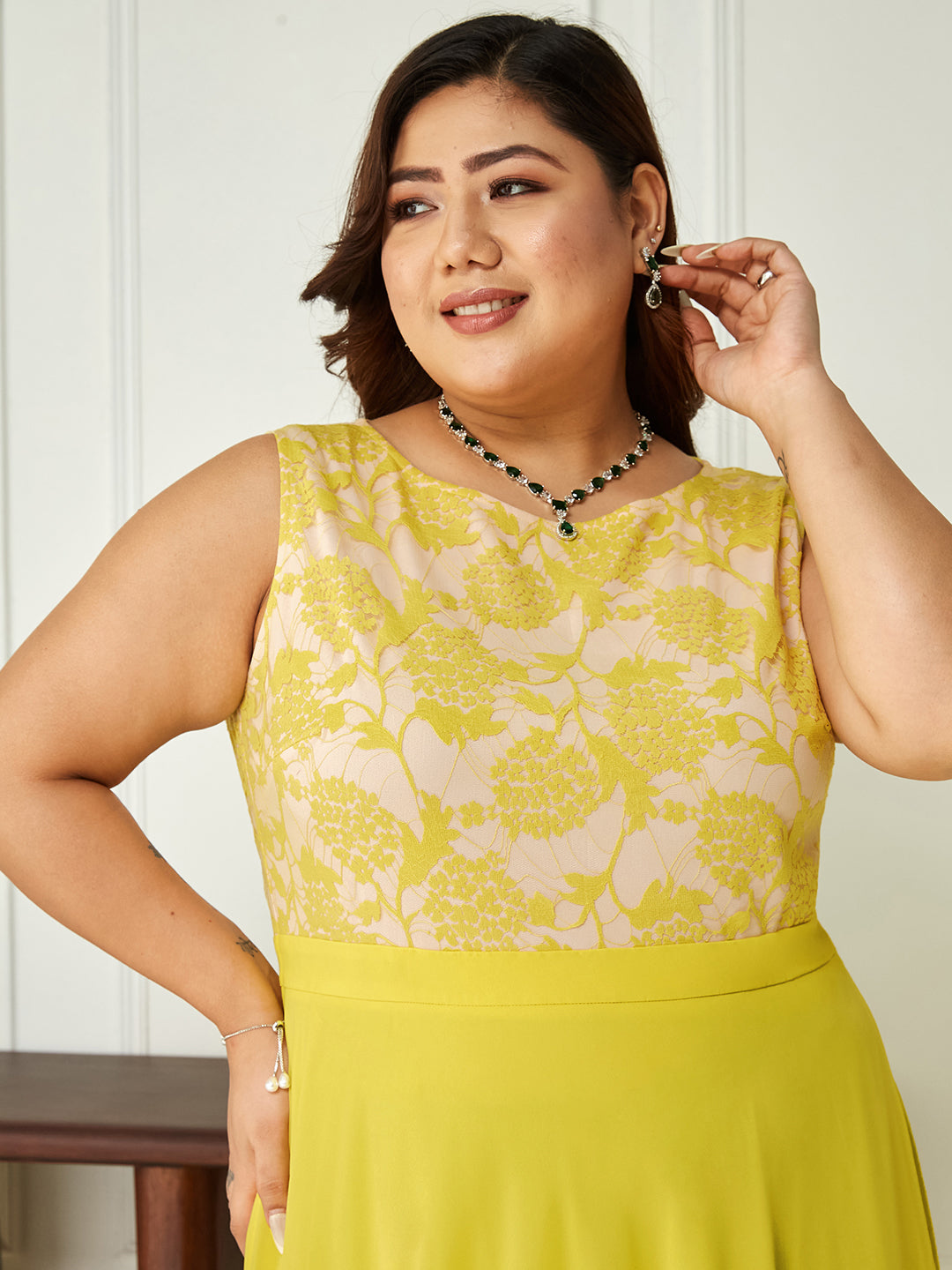 Light Yellow Round Neck Sleeveless Georgette & Lace Floral Fit & Flare Maxi Dress for Women