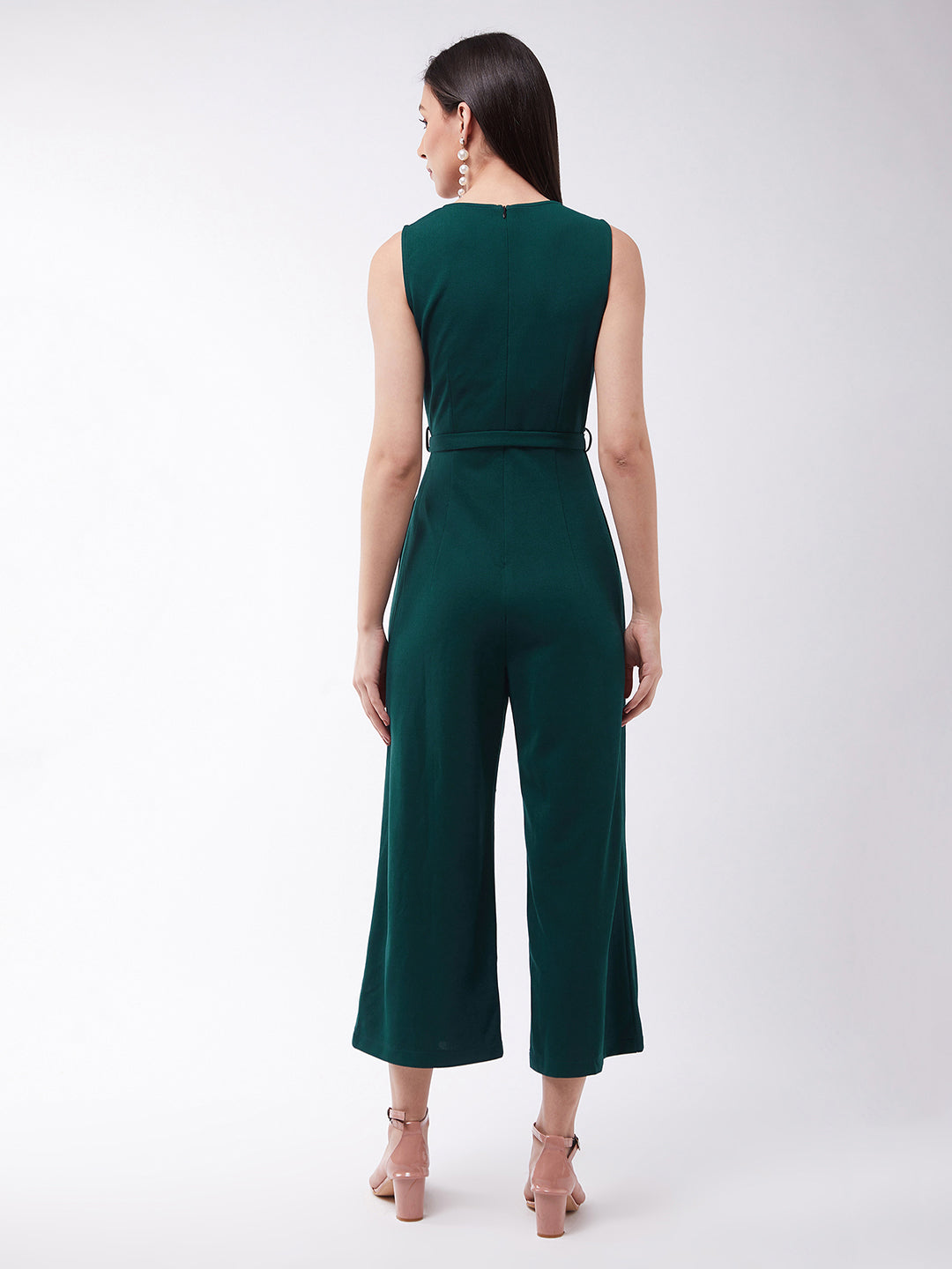 Crease Ease Women's Green Solid Polyester Regular Fit Round Neck Sleeveless Regular Length Jumpsuit