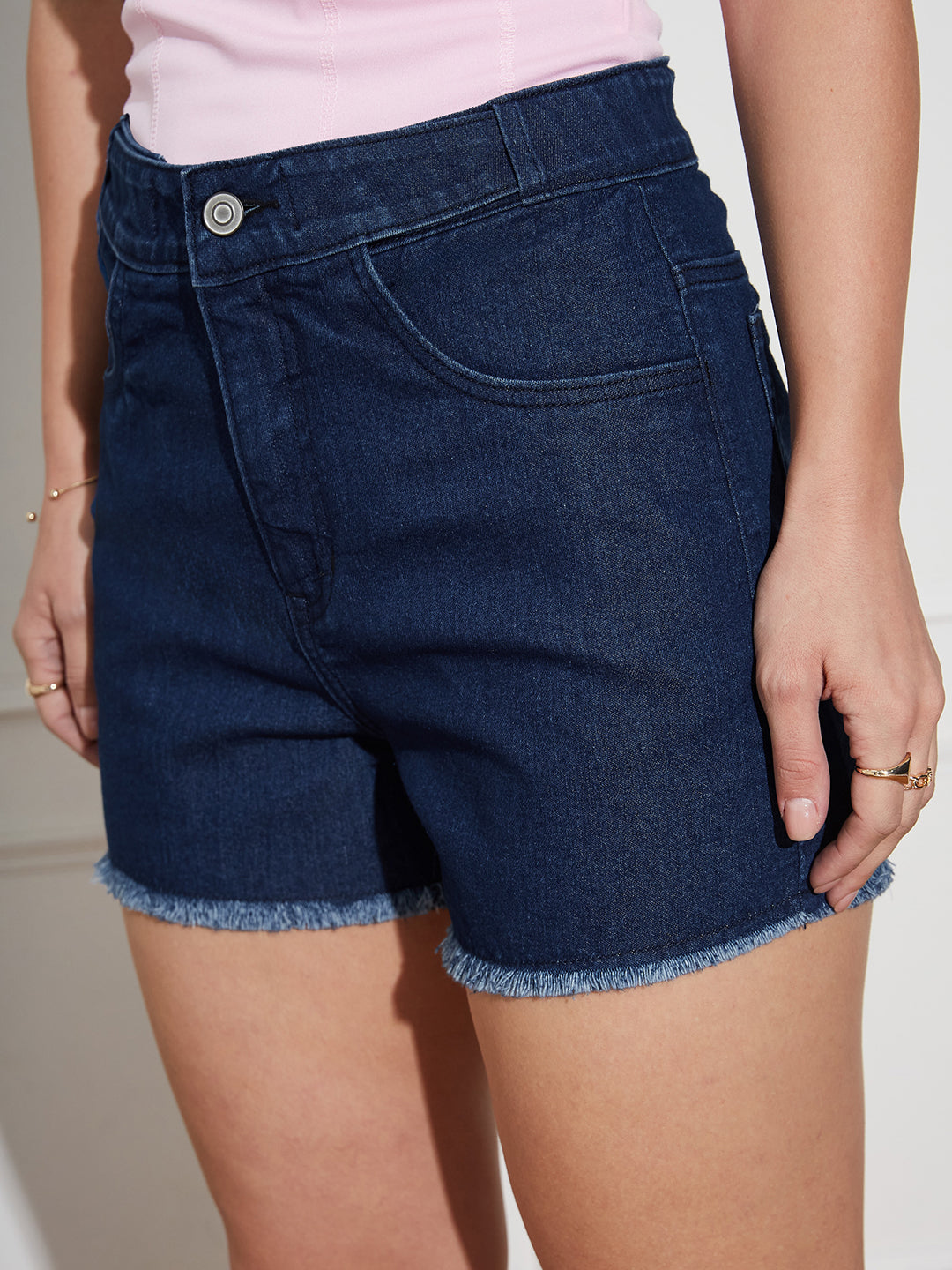 Women's Navy Blue Relaxed Fit Mid-Rise Denim Shorts with Adjustable Waist & Frayed Hem