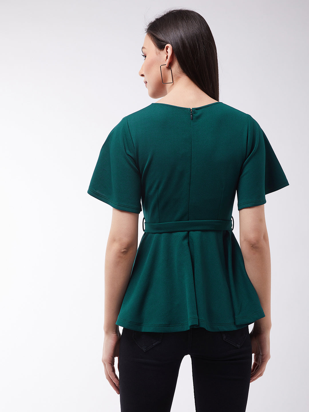 Crease Ease Women's Green Solid Polyester Slim Fit Round Neck Short Sleeve Regular Length Top