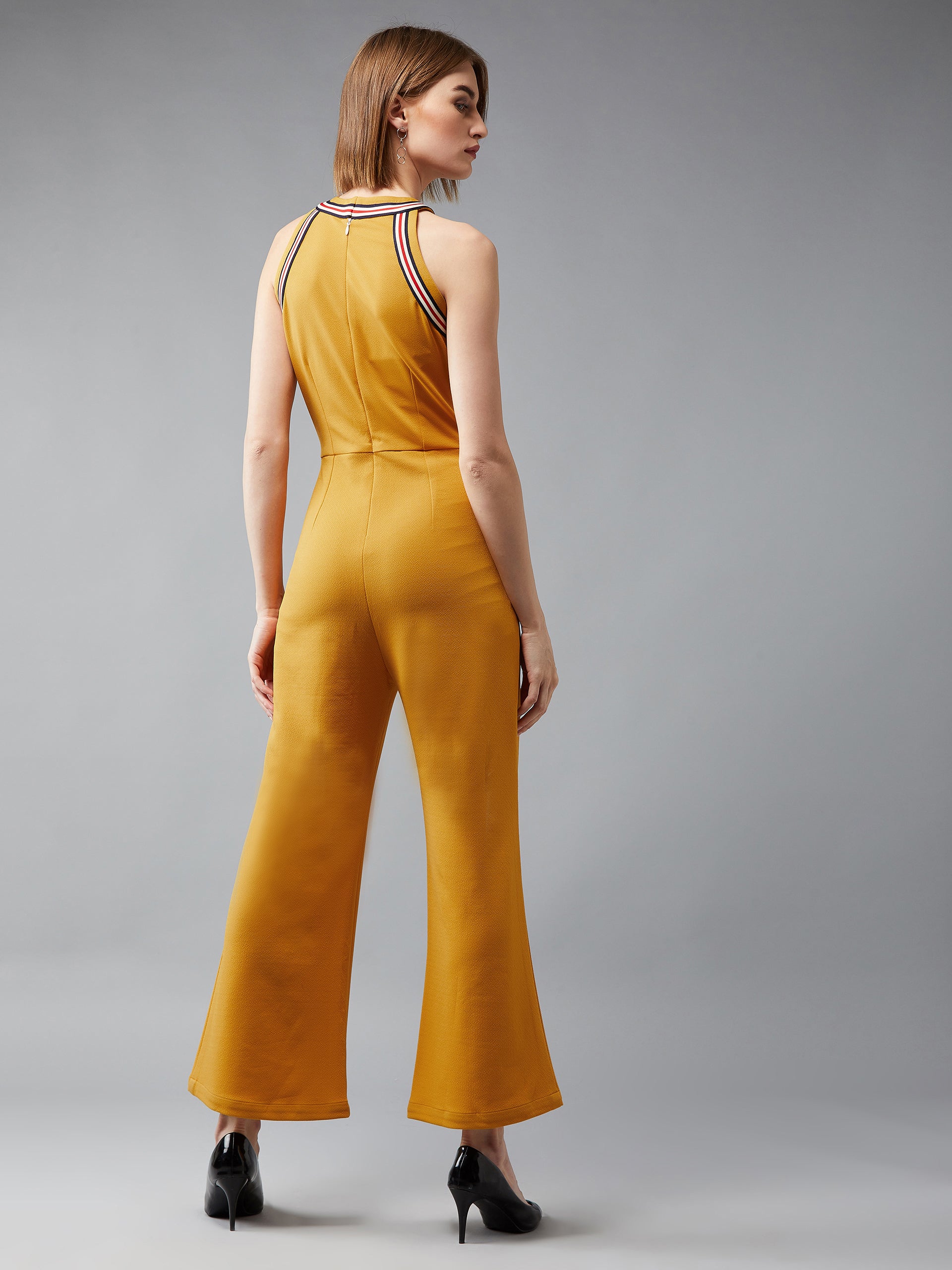 Women's Mustard Yellow Halter Neck Sleeveless Polyknitted Solid Straight Leg Regular Length Jumpsuit