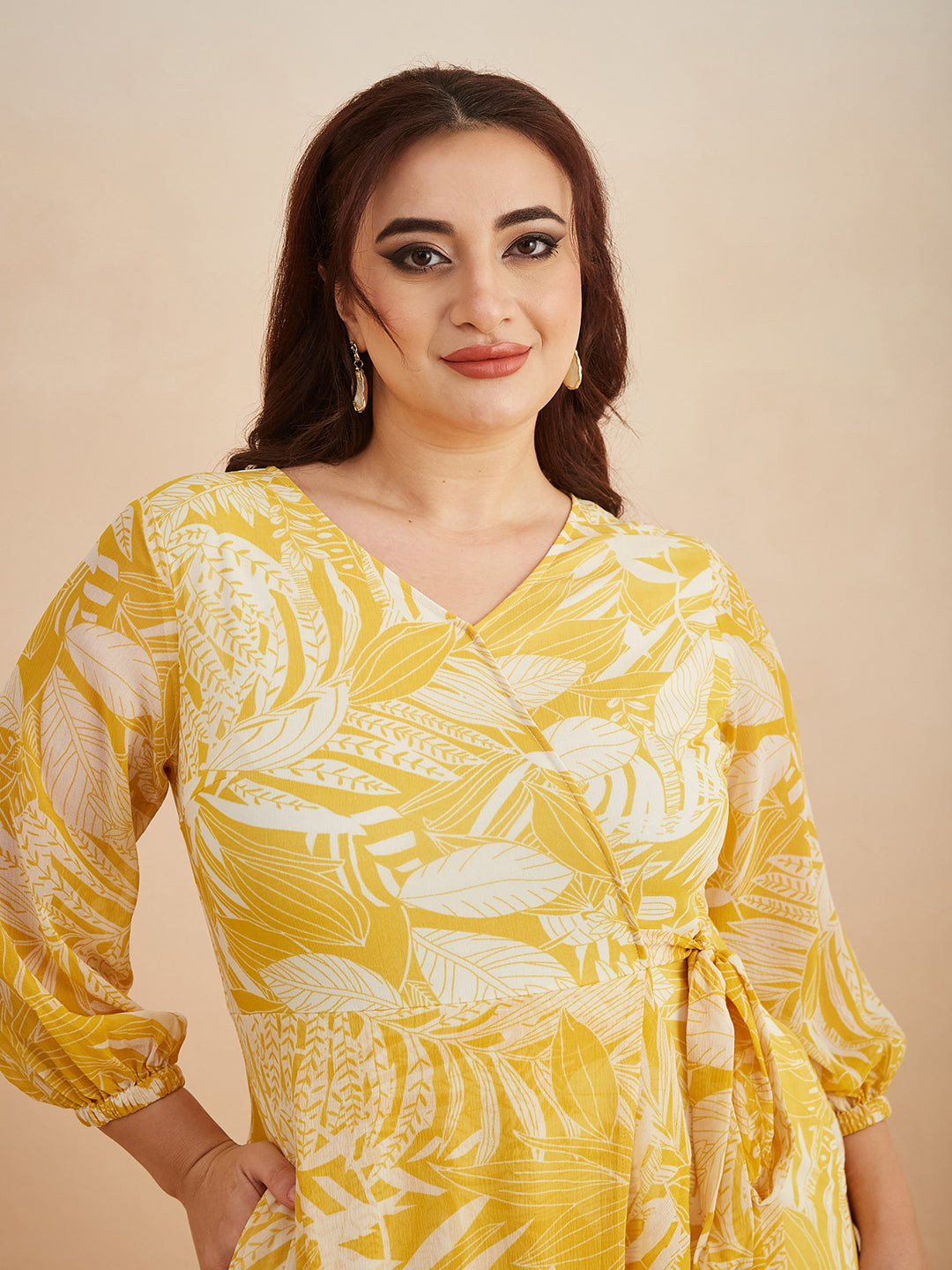 Yellow & White V neck Full sleeve Floral Layered Maxi Dress for Women