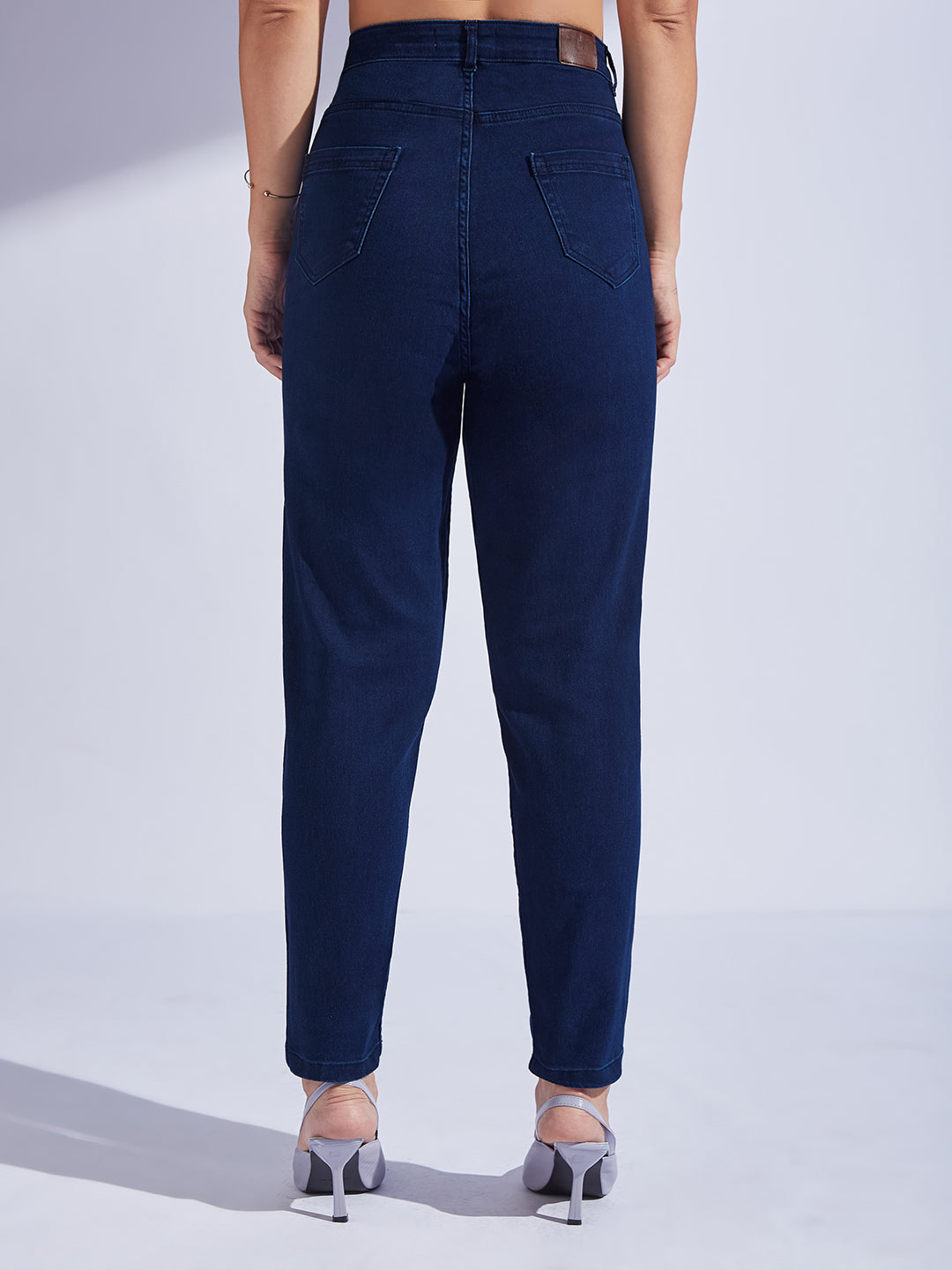 Women's Navy Blue High-Rise Regular-Length Stretchable Denim Mom'S Jeans
