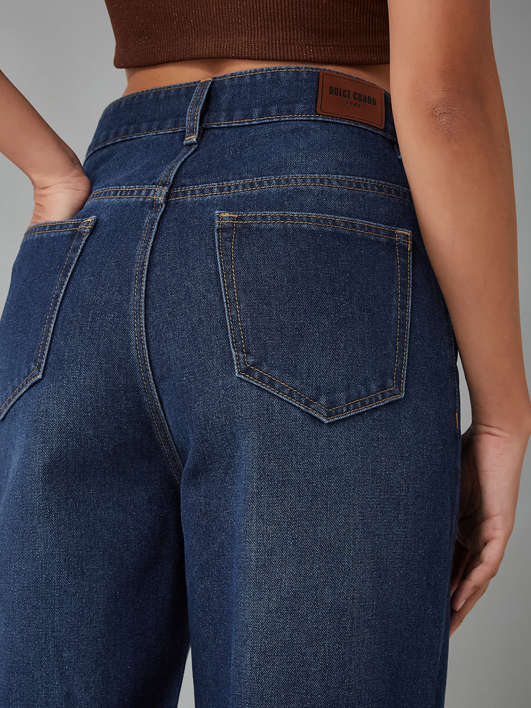 Women's Navy Blue Wide-Leg High-Rise Clean-Look Regular-Length Denim Jeans