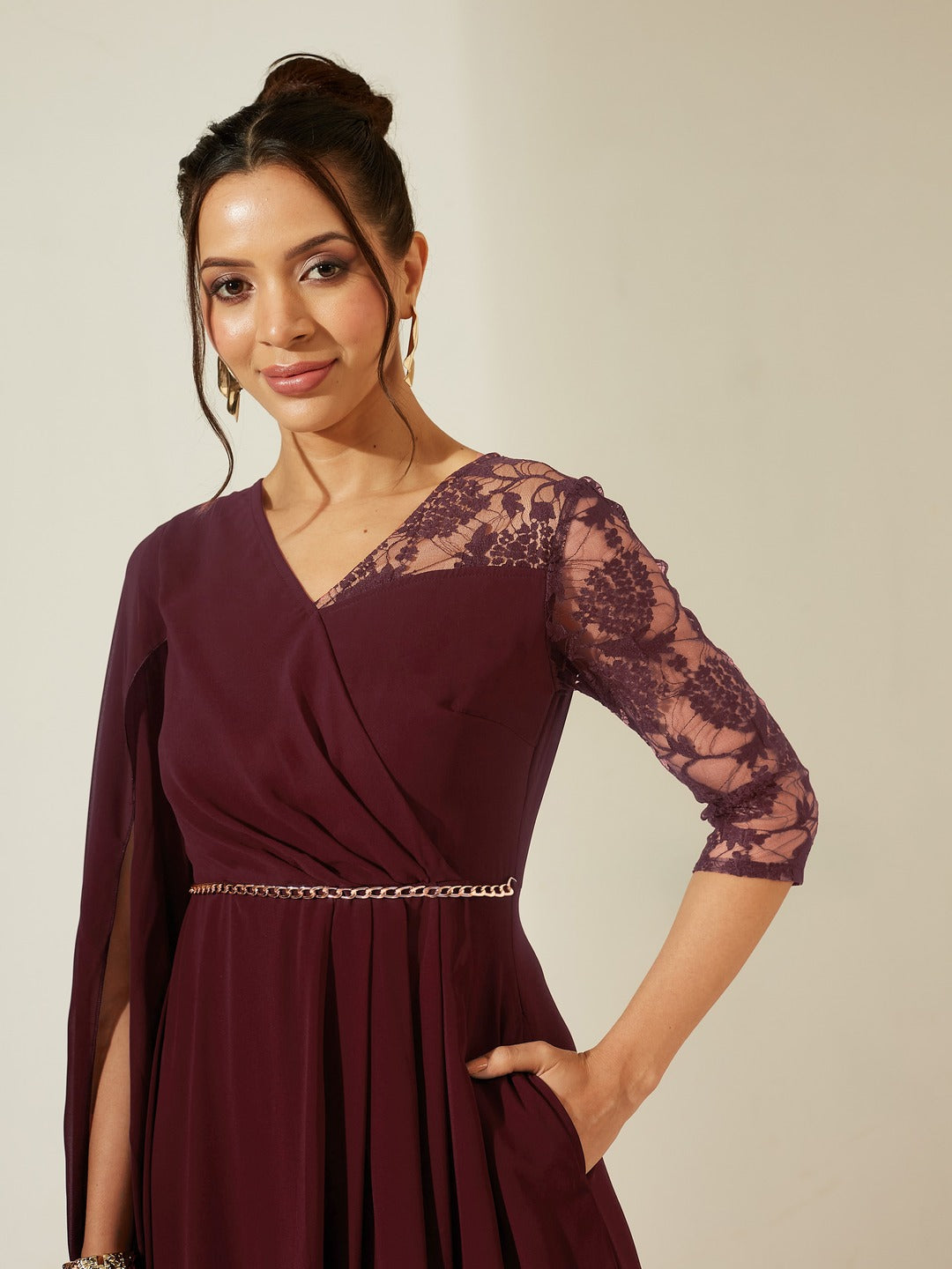 Wine V-Neck Three-Quarter Sleeve Self-Designed Asymmetric Georgette Maxi Dress for Women