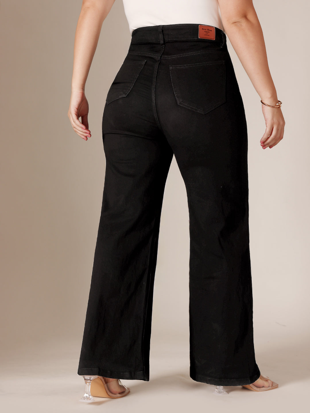 Black Wide Leg High Rise Clean Look Regular-Length Stretchable Denim Jeans for Women