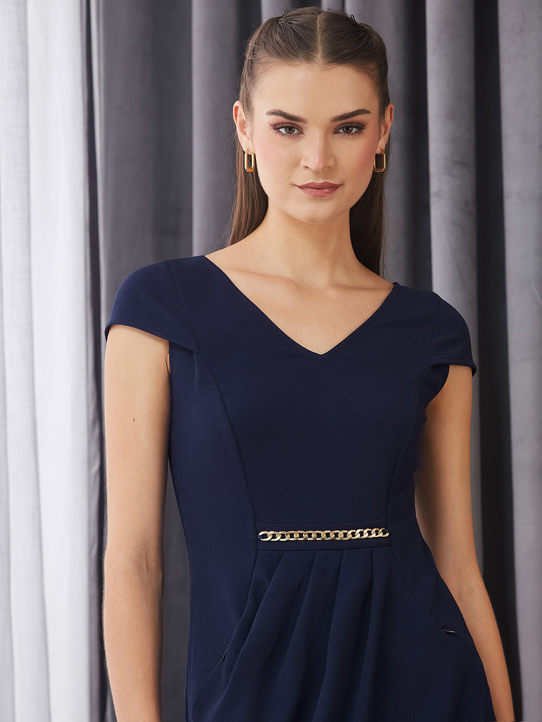 Women's Navy Blue V-Neck Cap Sleeve Solid Wrap Knee-Long Polyester Dress