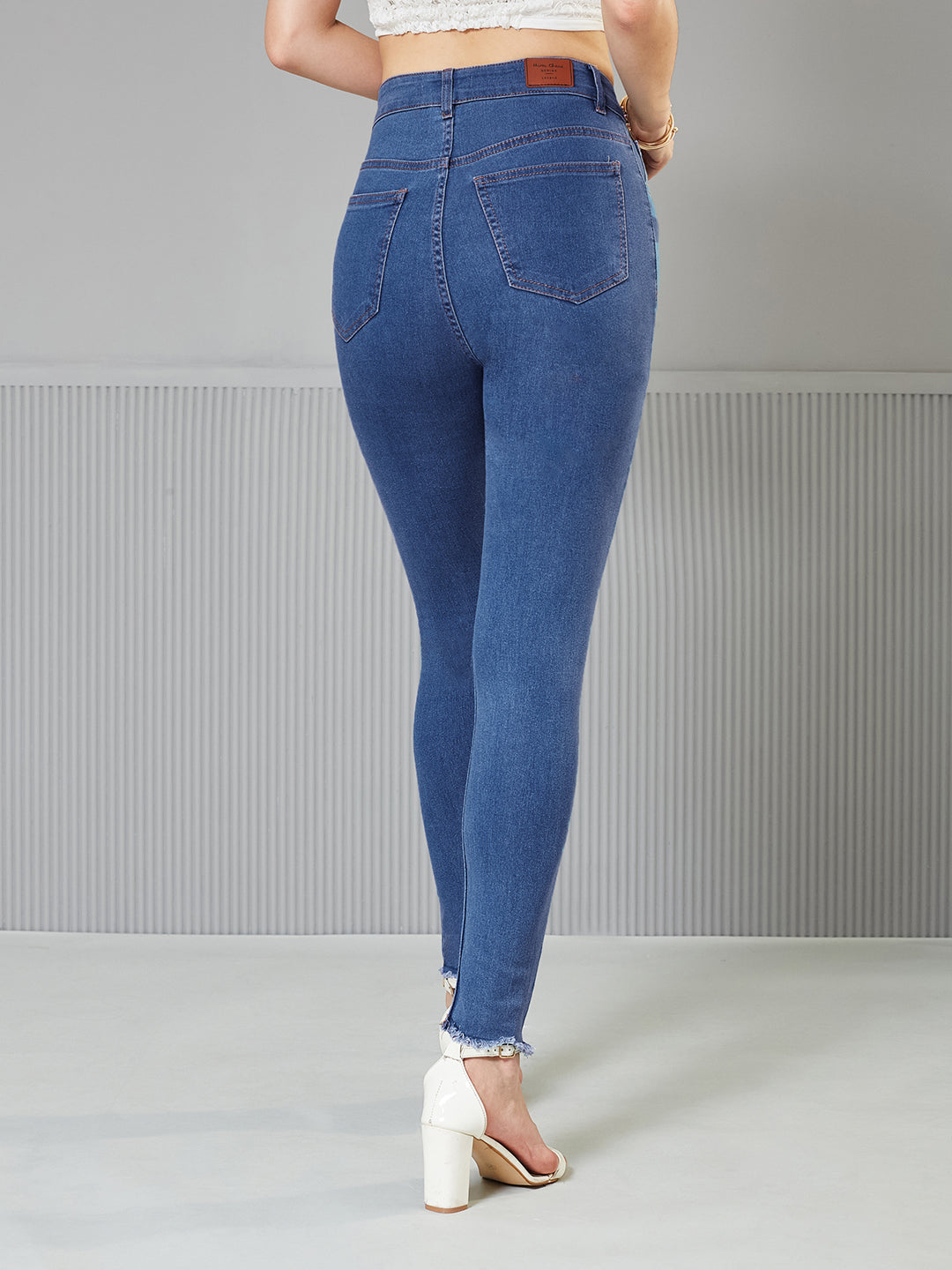 Women's Blue Skinny High-Rise Cropped Length Fringe Detailing Stretchable Denim Jeans