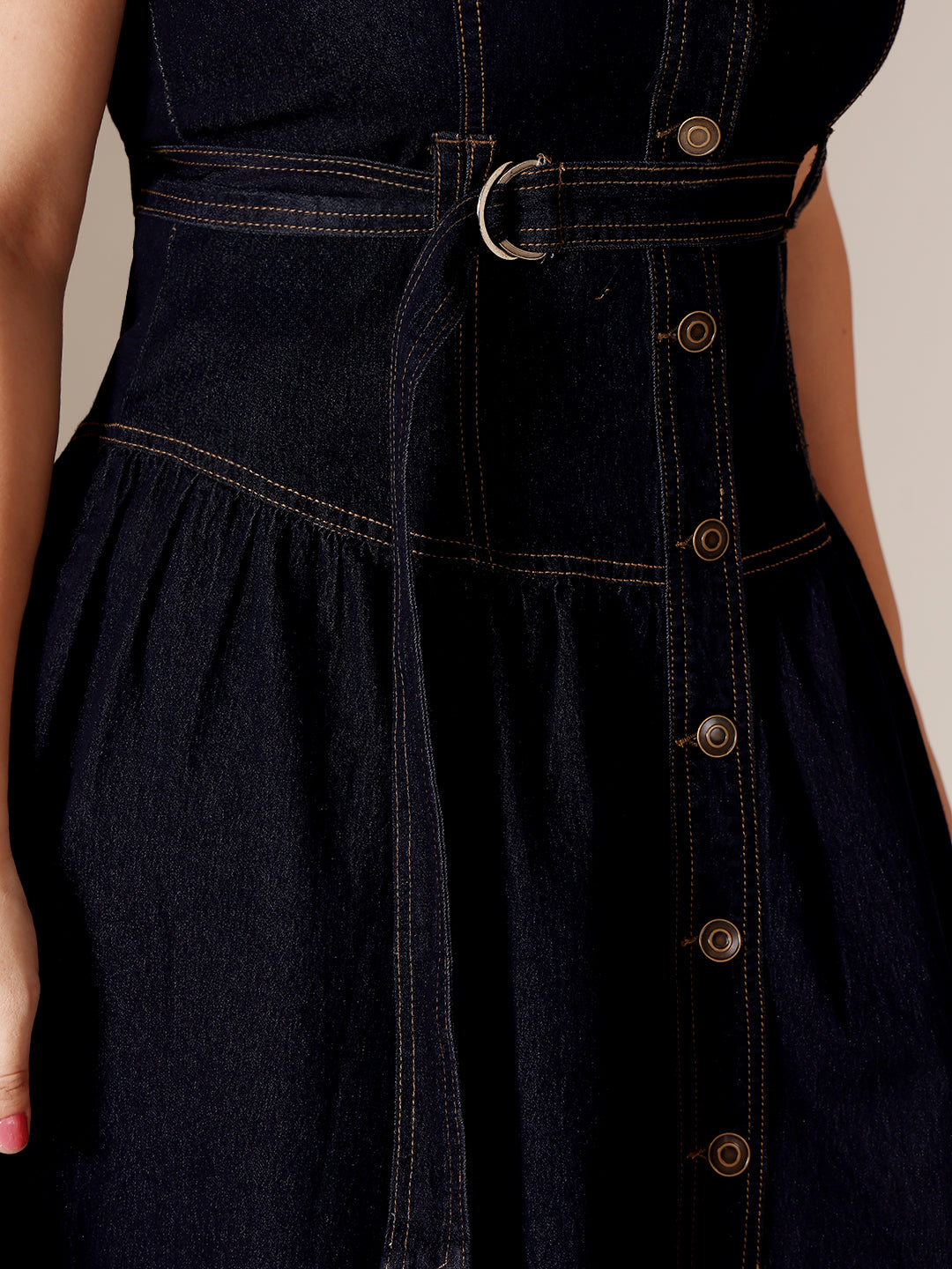 Dark Blue Lightweight Denim Maxi Shirt Dress with Notched Collar and Drop Waist, Sleeveless Fit & Flare for Women