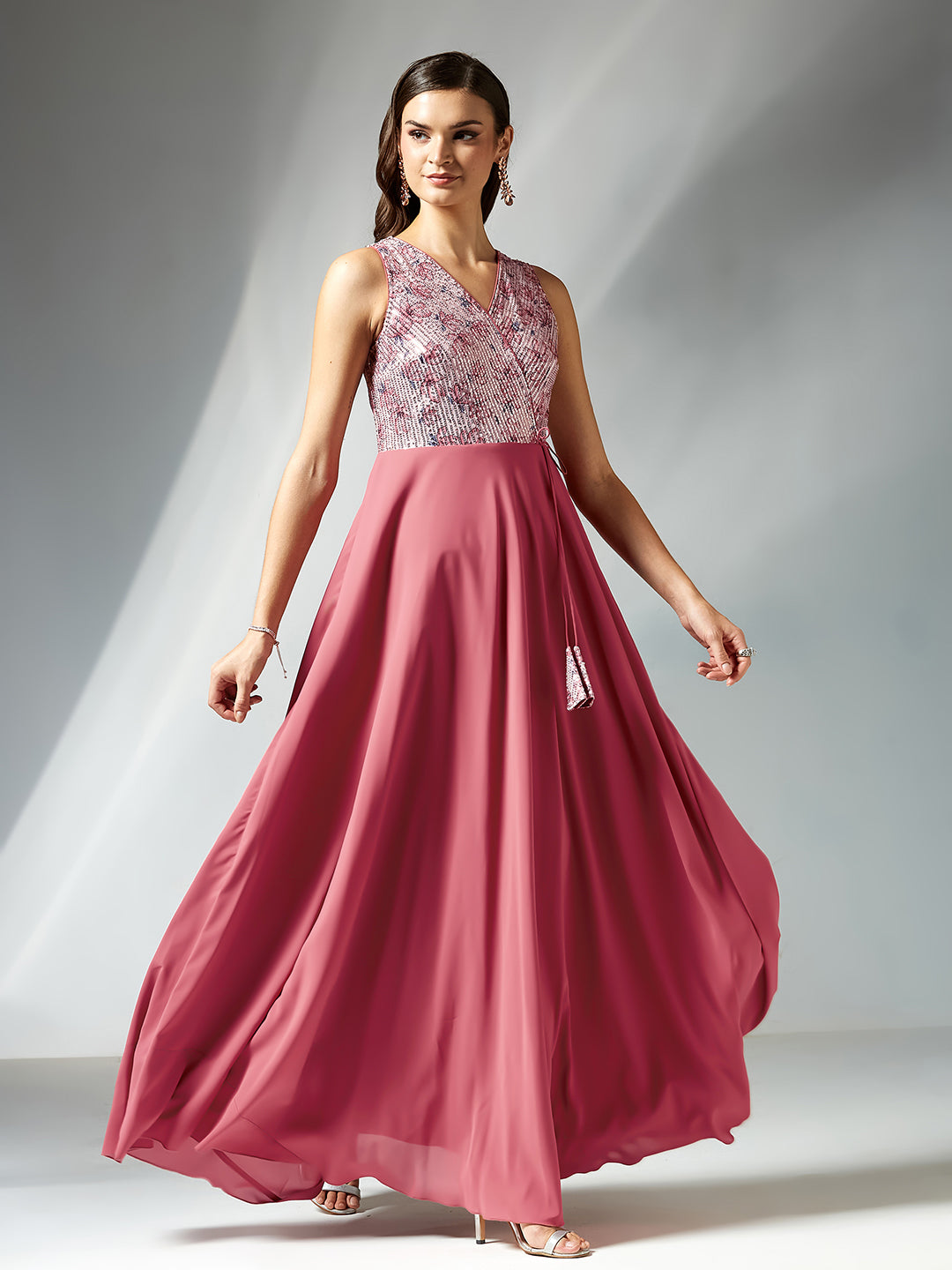 Pink V-Neck Sleeveless Floral Embellished Fit & Flare Maxi Georgette Dress for Women
