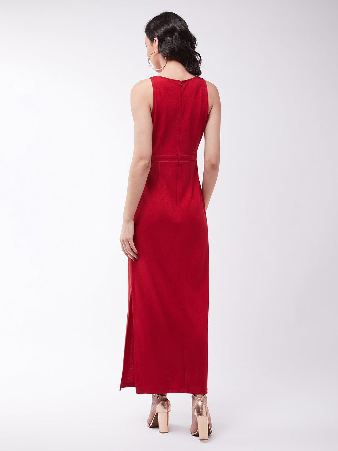 Crease Ease Cocktail Women's Cherry Red Solid Slim Fit Round Neck Sleeveless Maxi Dress