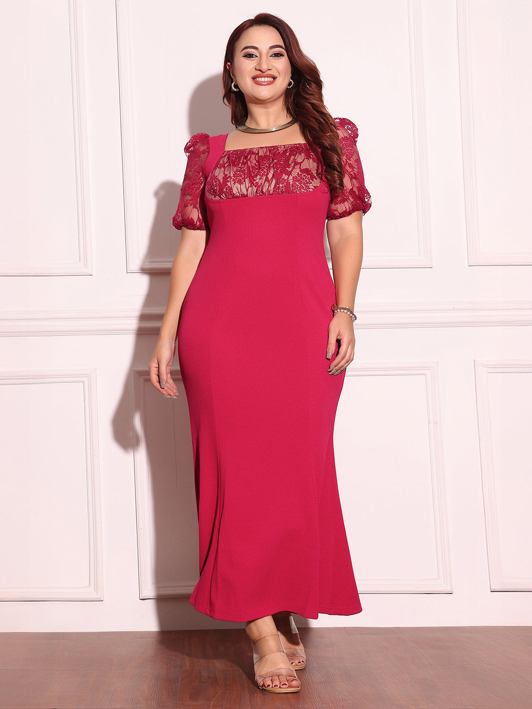 Dark Pink Square Puff Sleeve Solid Lace Overlaid Ankle Length Dress for Women