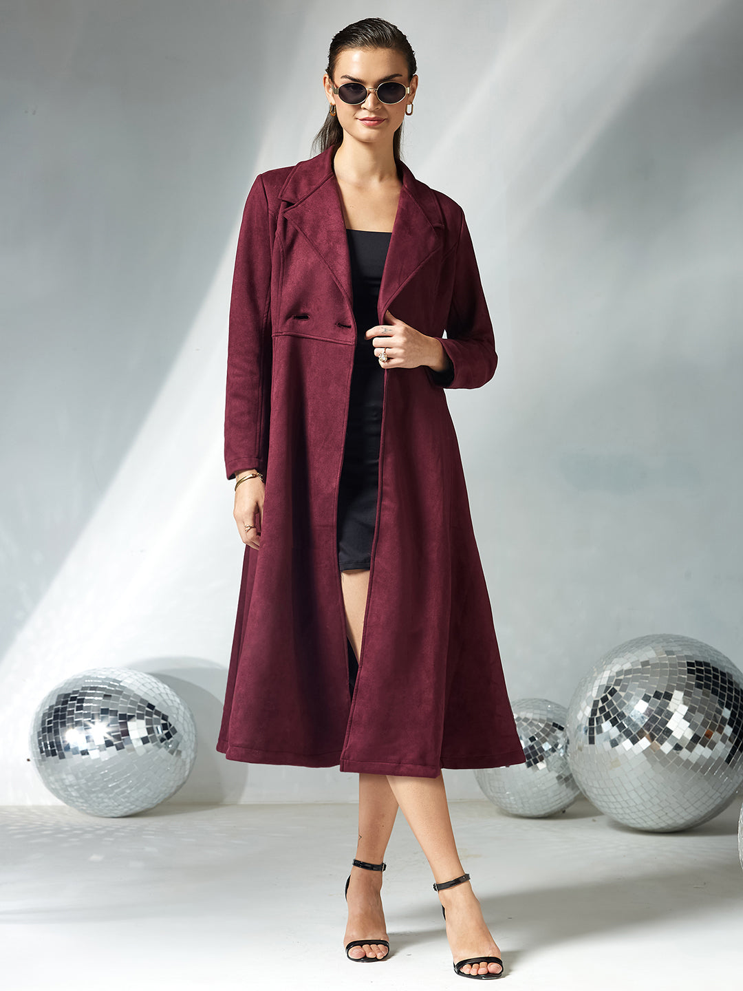 Women's Wine Solid V-Neck Full Sleeves Side Pocketed Polyester Double Breasted Longline Jacket