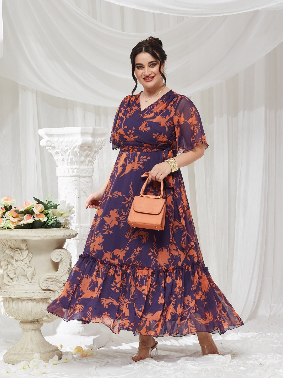 Women's Orange and Purple Floral Wrap Chiffon Maxi Dress with Flutter Sleeves and Frilled Hem