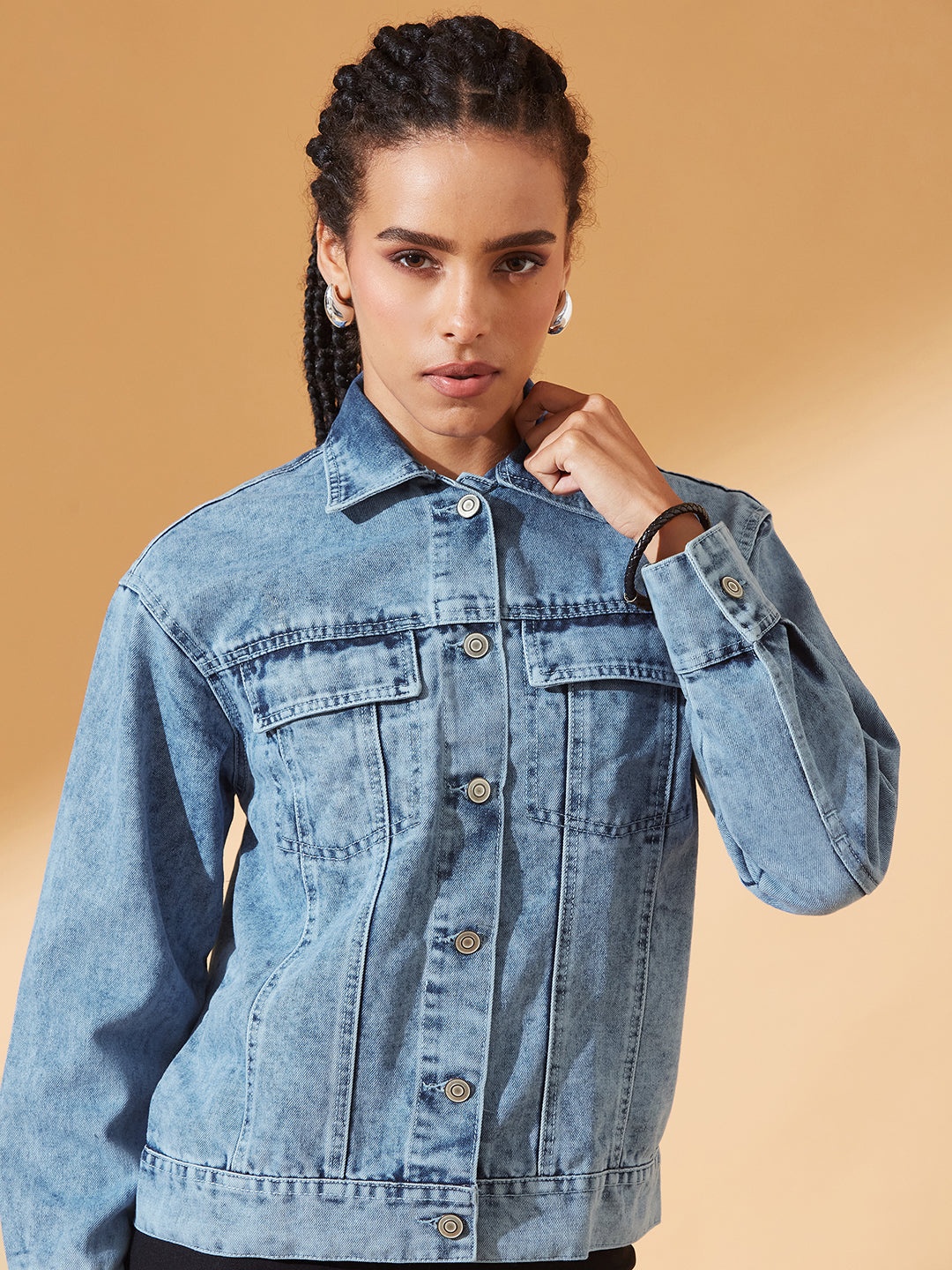 Light-Blue Collared Full Sleeve Solid Classic Denim Jacket for Women