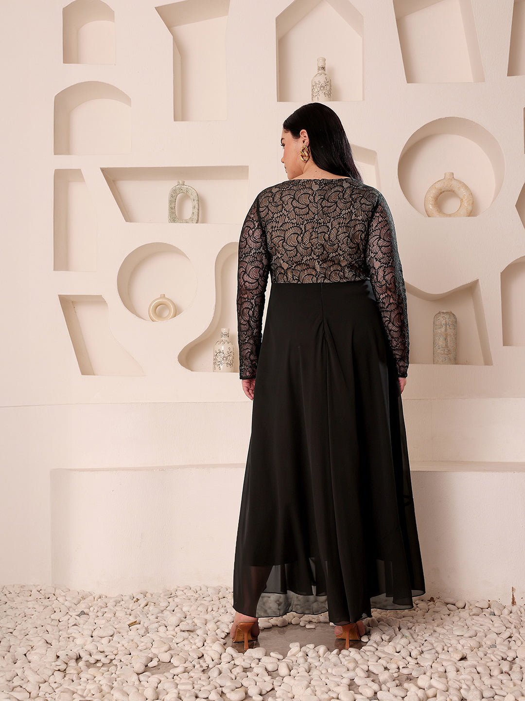 Women's Black V-Neck Full-Sleeves Self-Design Lace-Overlaid Georgette Maxi Dress