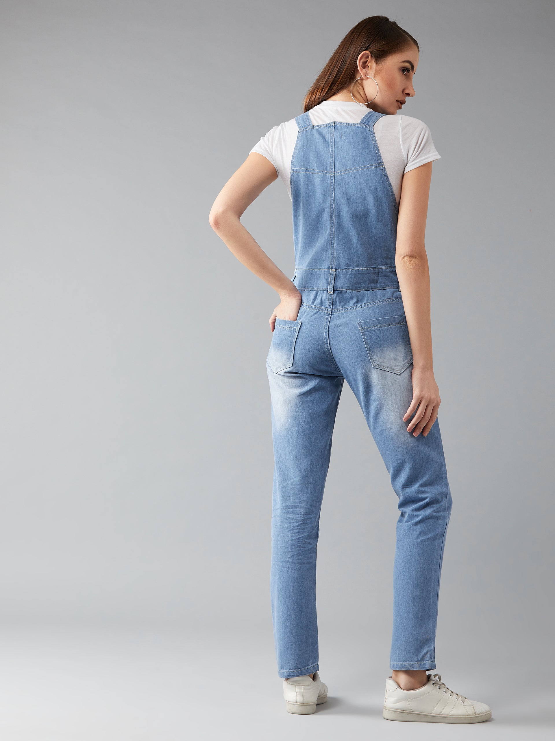 Women's Light Blue Regular Fit Mid Rise Regular Length Ripped Denim Dungaree