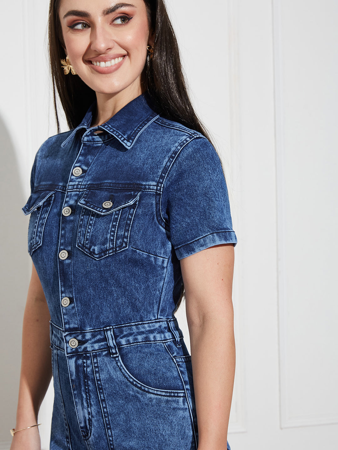 Navy Blue Flared High-Rise Regular Stretchable Denim Jumpsuit for Women