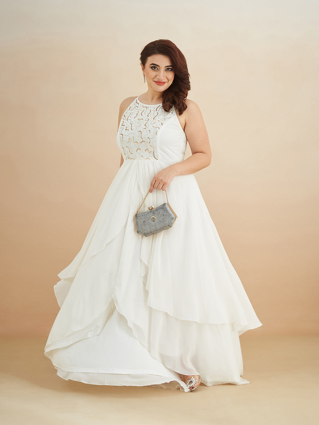 Off White Round Neck Sleeveless Solid Embellished Maxi Dress for Women — Miss Chase A+