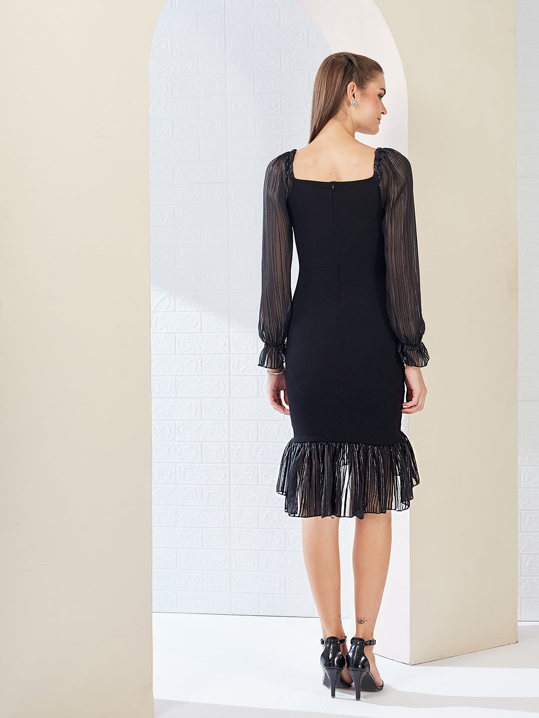 Black Square Puff Sleeve Solid Ruching Midi Dress for Women