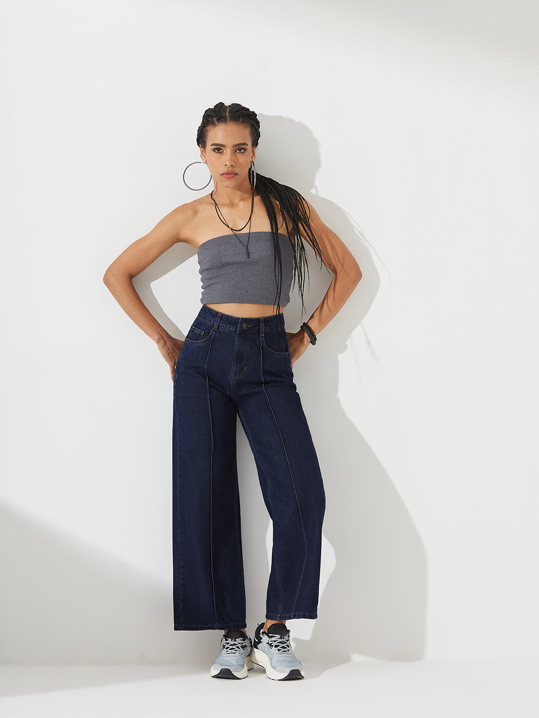 Navy-Blue Wide-Leg High-Rise Clean-Look Non-stretchable Denim Jeans for Women