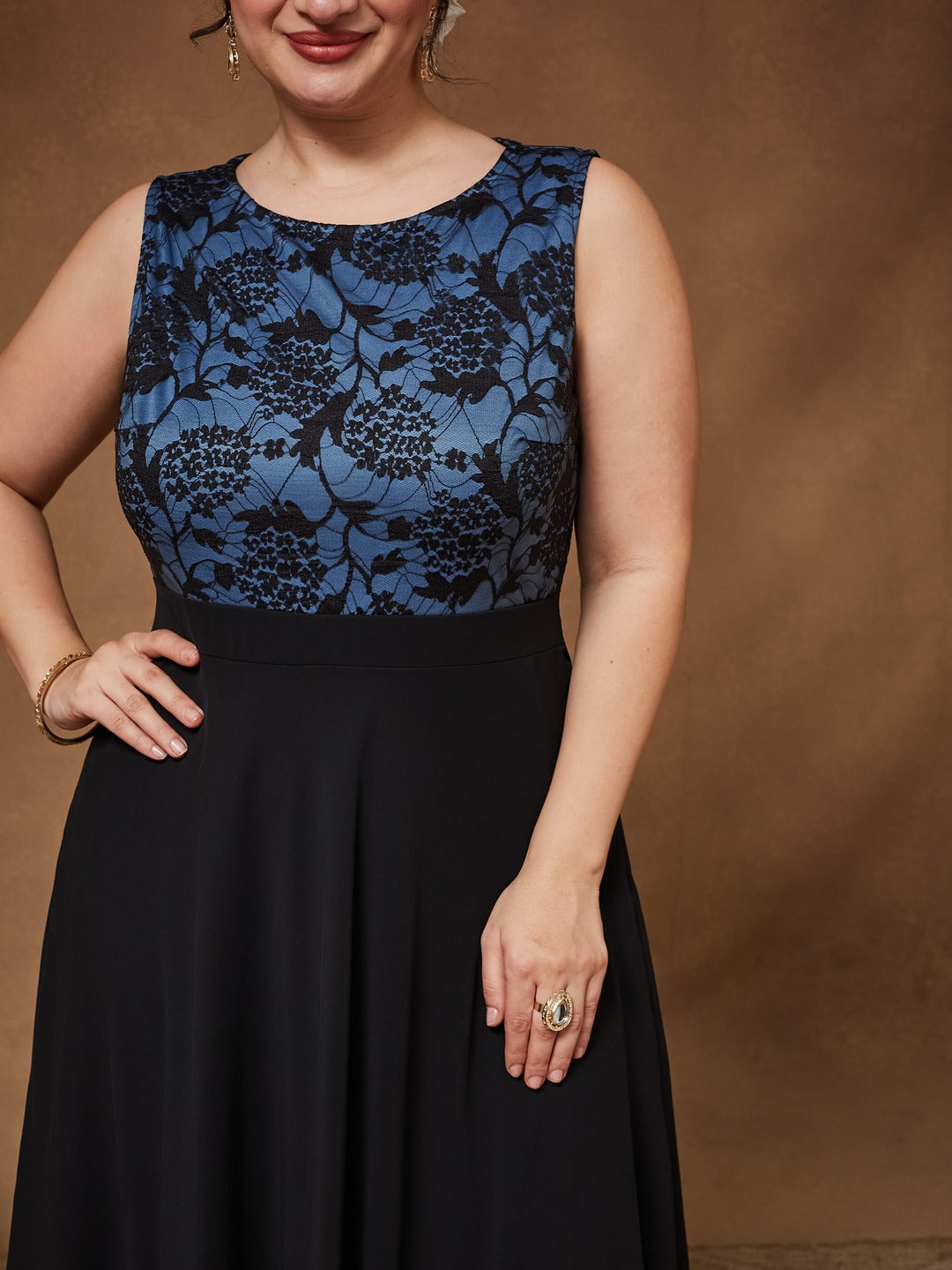 Blue & Black Round Neck Sleeveless Georgette Floral Lace Fit & Flare Maxi Dress for Women — Miss Chase A+