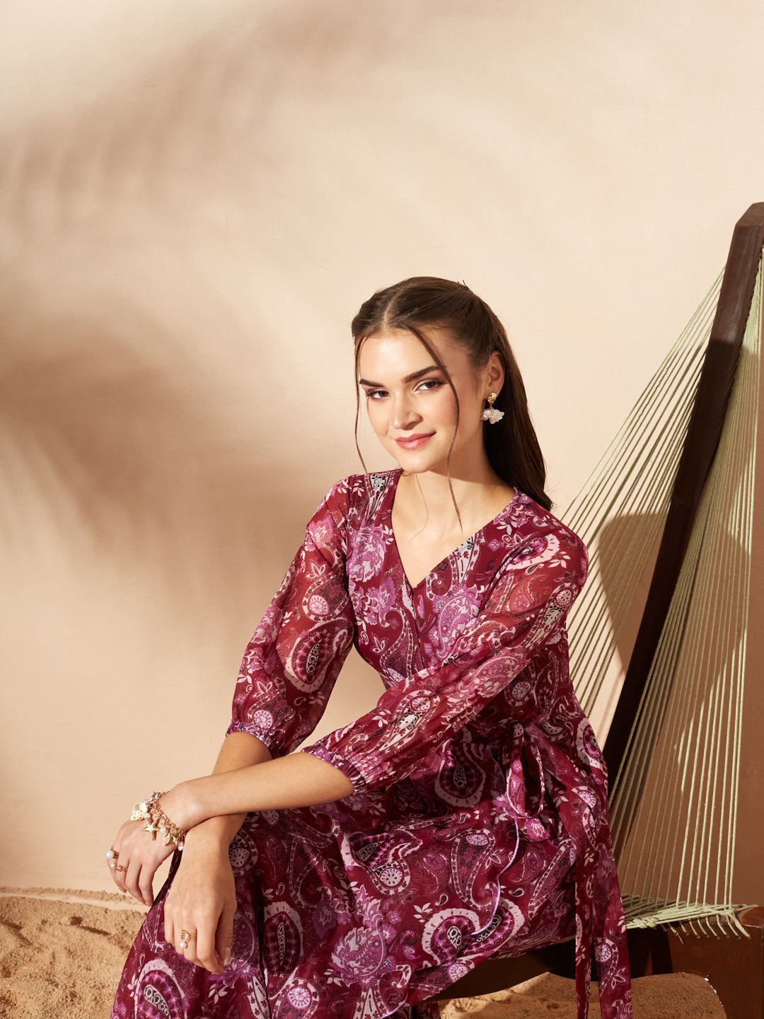 Women’s Multicolored Wine Floral V-Neck 3/4 Sleeve Wrap Midi Chiffon Dress for Women