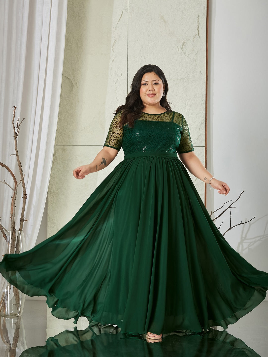 Dark Green Relaxed Fit Maxi Georgette & Sequins Dress for Women