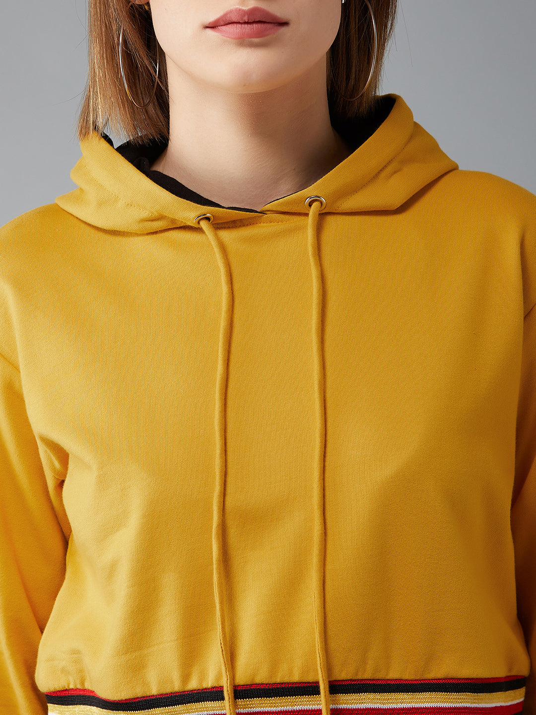 Women's Mustard Yellow Hooded Full Sleeves Loopknit, Rib Solid Boxy Cropped Eyelet Detailing Sweatshirt