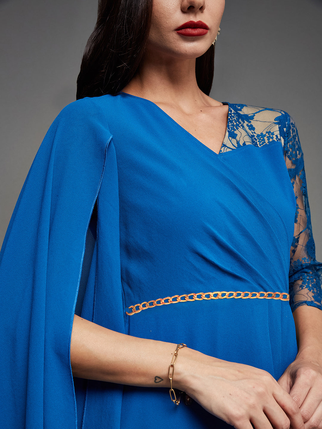 Women's Royal Blue V-Neck Asymmetric Embellished Maxi Georgette Dress