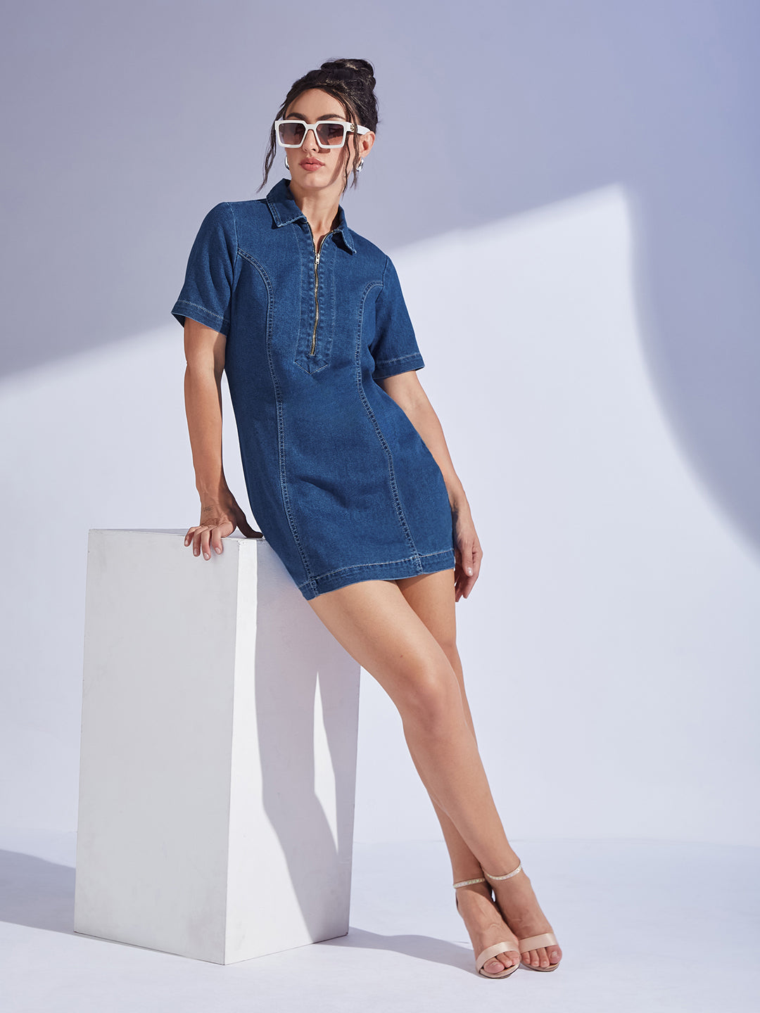 Women's Dark Blue Collared Half Sleeve Princess Seam Sheath Mini Dress