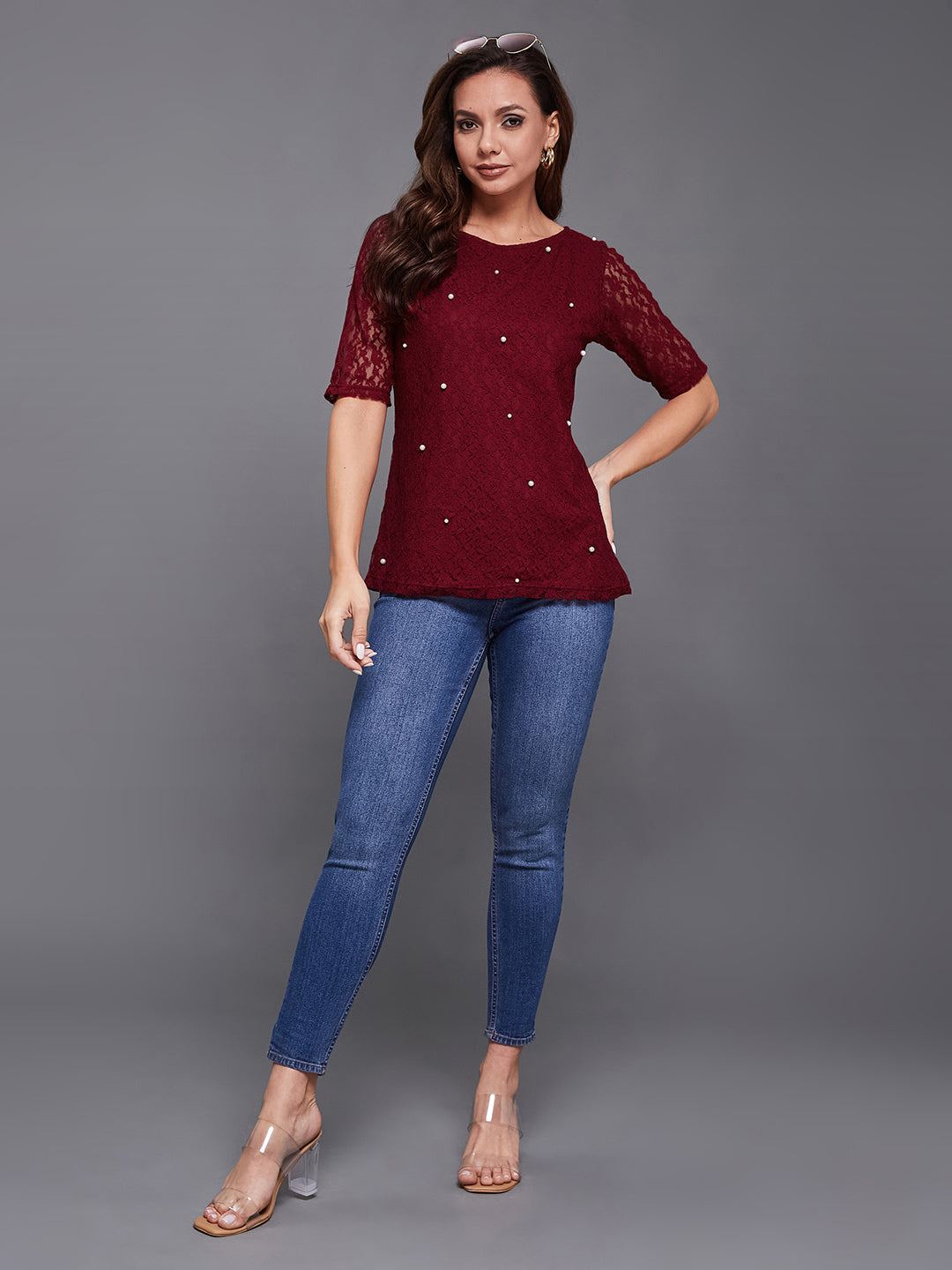 Women's Maroon Round Neck Half Sleeves Cotton Solid Lace And Pearl Detailing Top